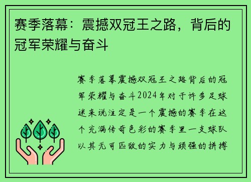 赛季落幕：震撼双冠王之路，背后的冠军荣耀与奋斗